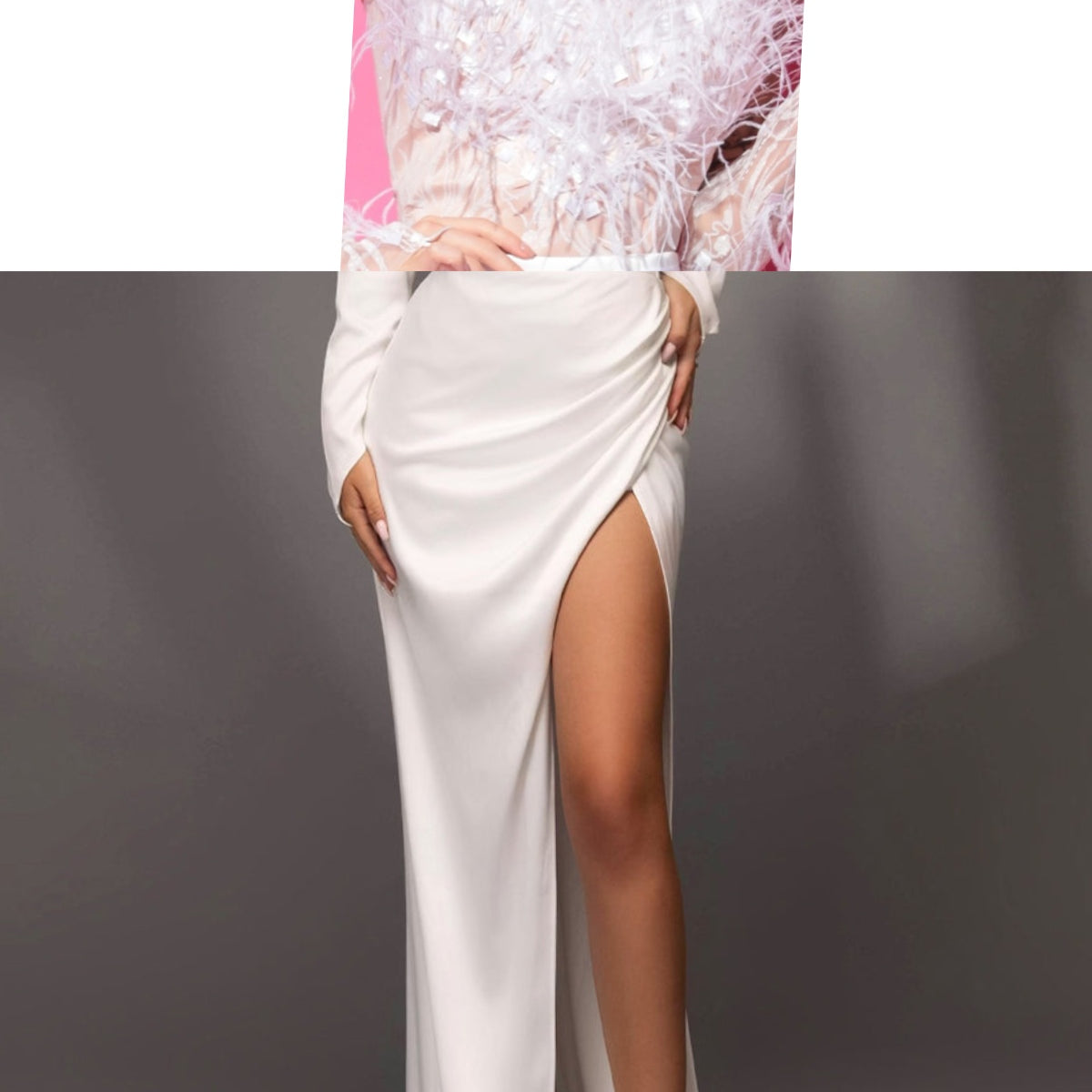 MAXI SET TOP CU FUSTA ADDISON DANTELA GLITTER PENE SATIN ALBA ȘI NUDE
