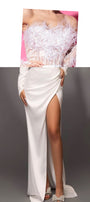 MAXI SET TOP CU FUSTA ADDISON DANTELA GLITTER PENE SATIN ALBA ȘI NUDE