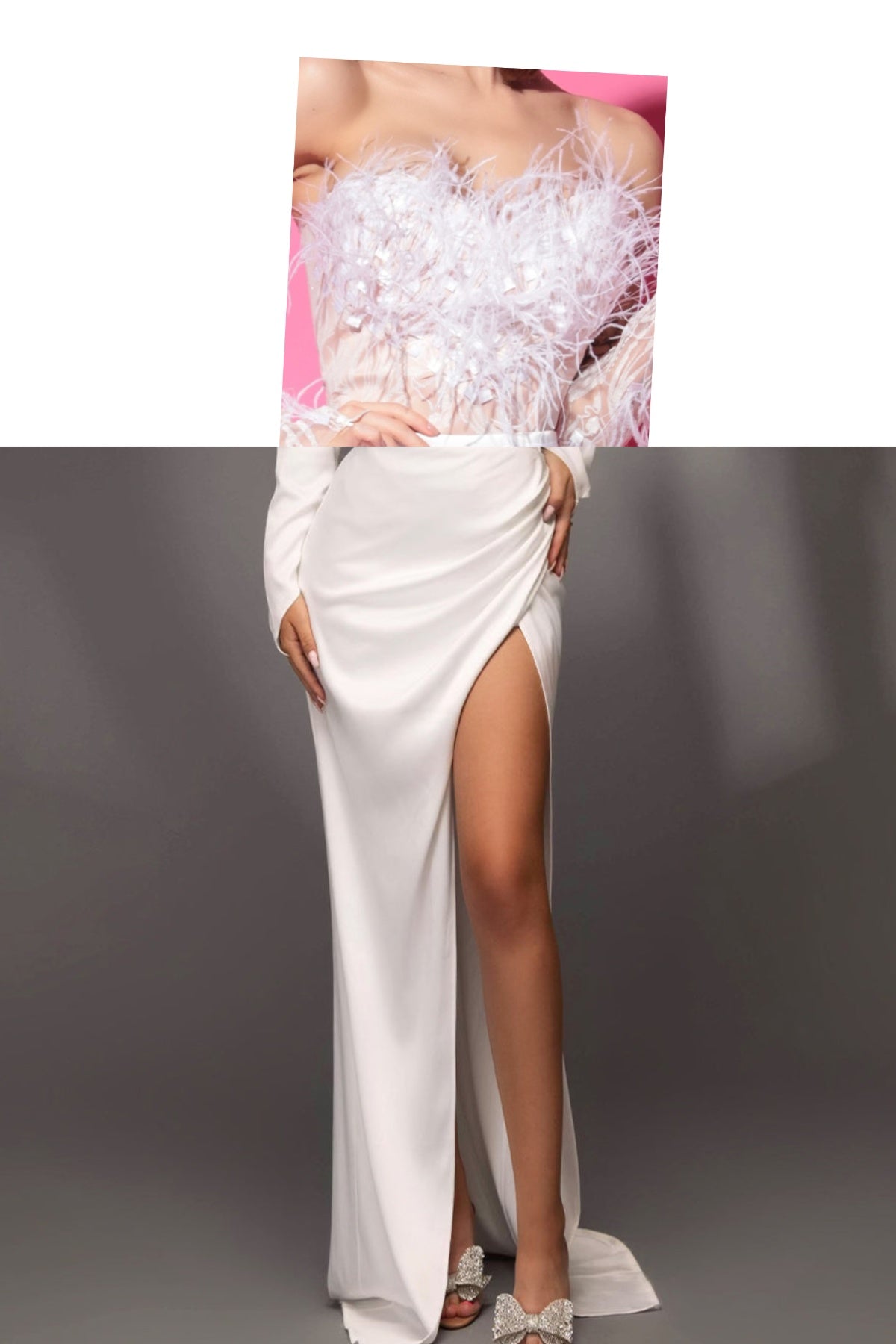 MAXI SET TOP CU FUSTA ADDISON DANTELA GLITTER PENE SATIN ALBA ȘI NUDE