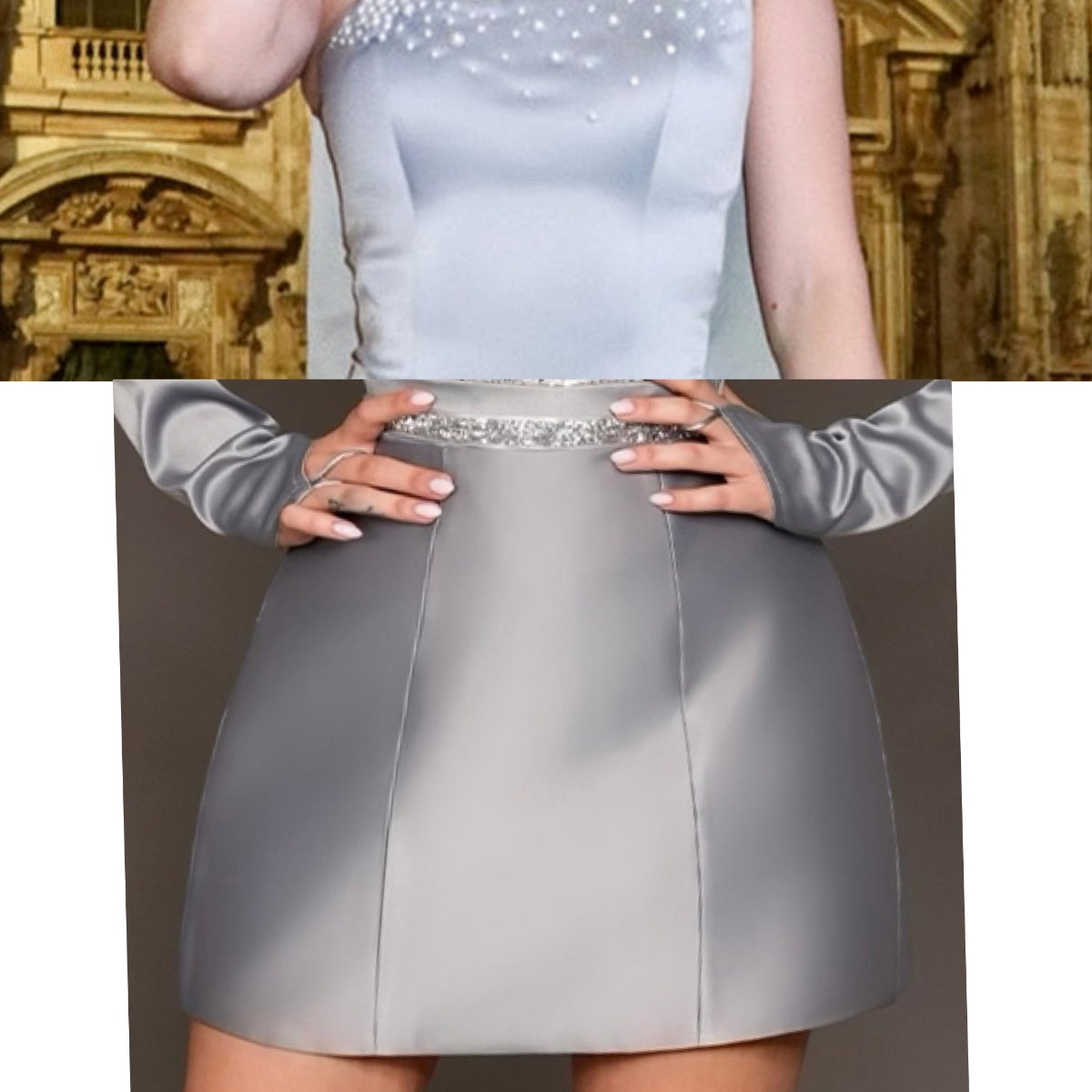 MAXI SET TOP CU FUSTA VESELA SATIN PERLA ARGINTIU