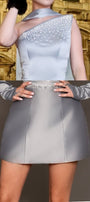 MAXI SET TOP CU FUSTA VESELA SATIN PERLA ARGINTIU
