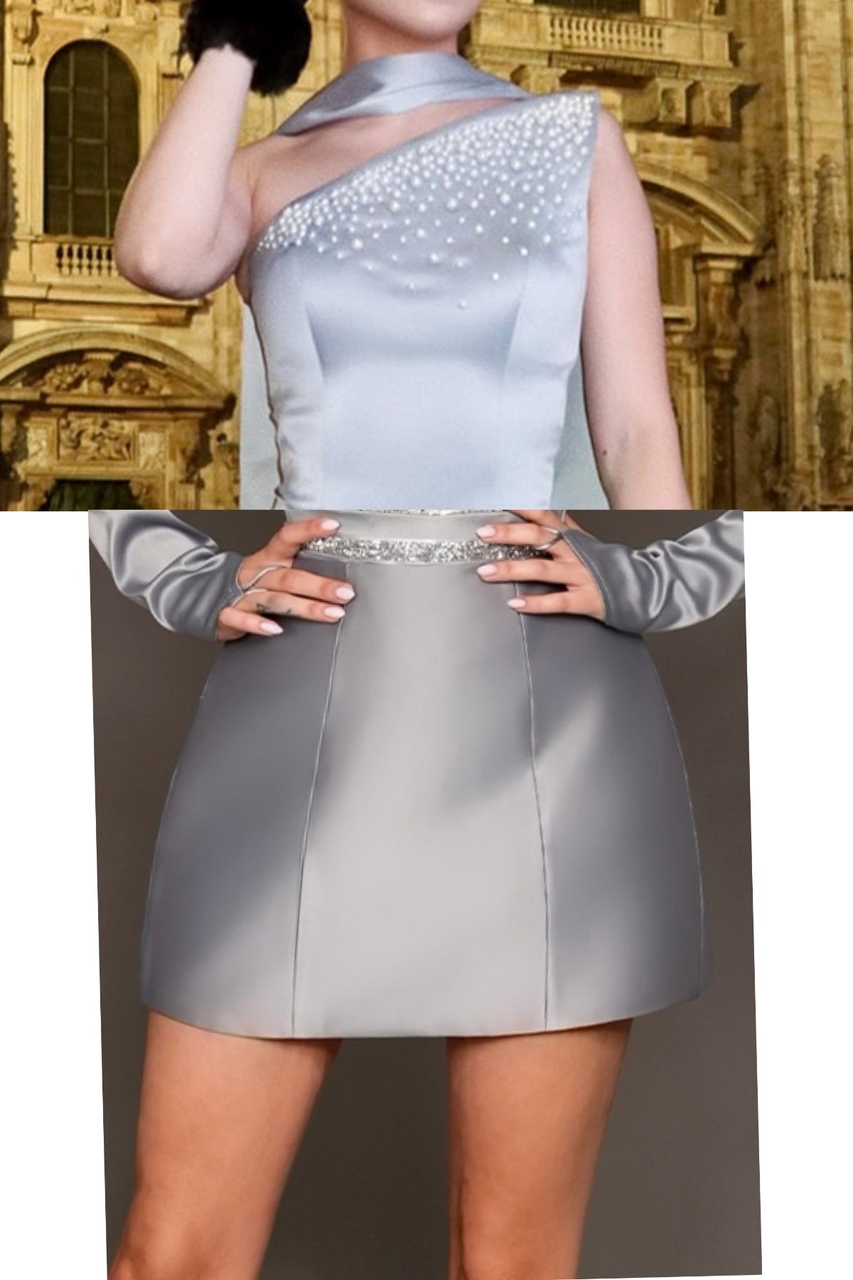 MAXI SET TOP CU FUSTA VESELA SATIN PERLA ARGINTIU
