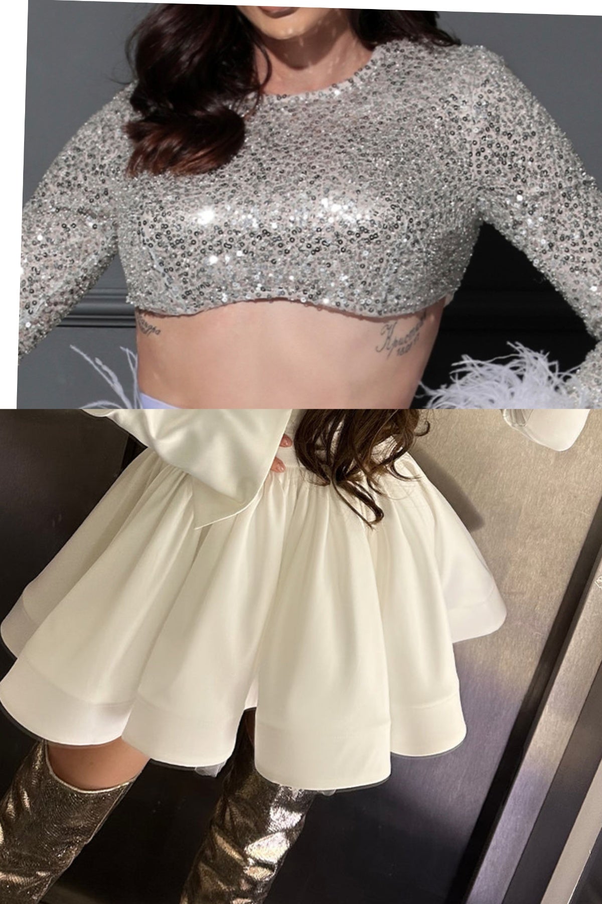 MAXI SET TOP CON GONNA E SCIARPA STELLA PAILLETTES PIUME BIANCA