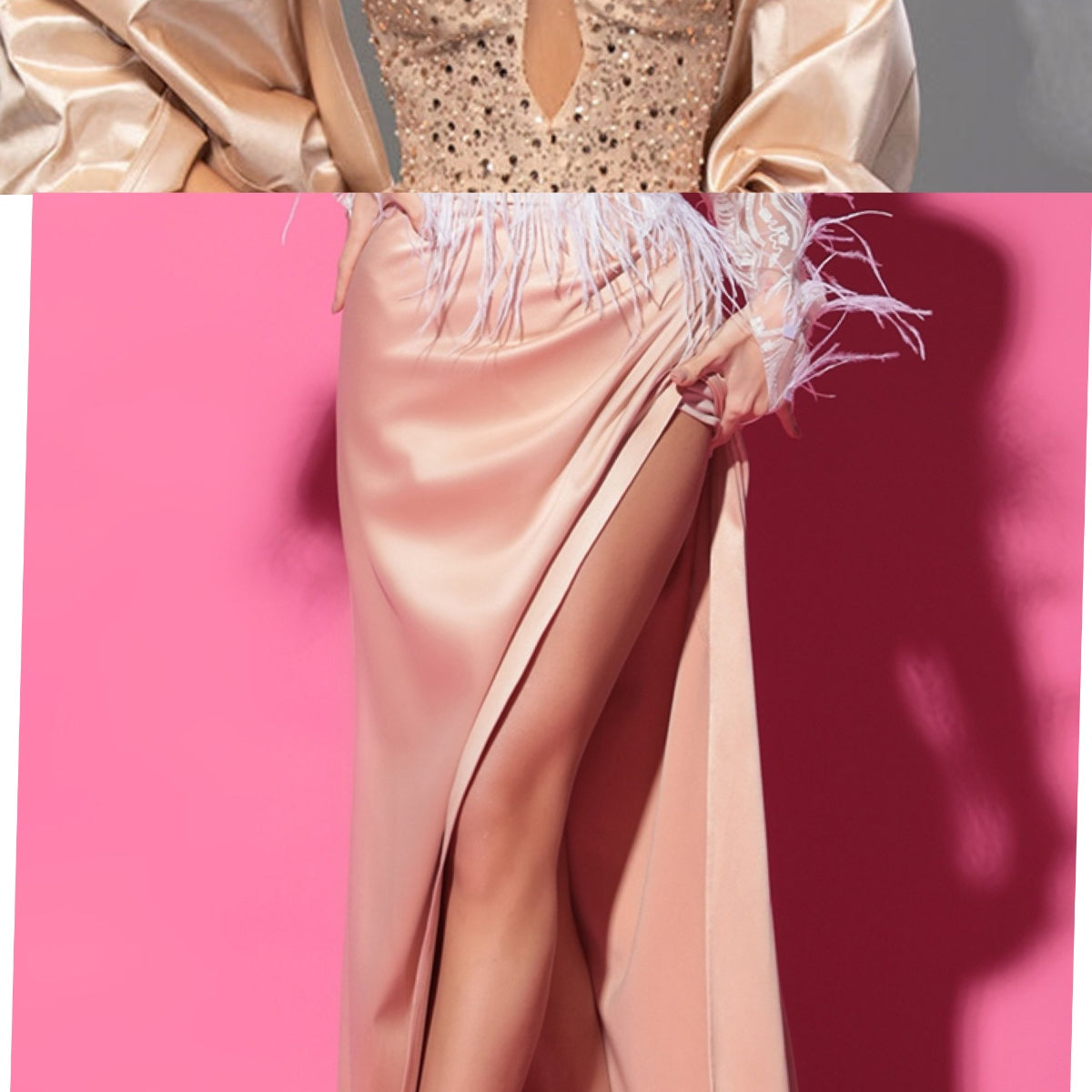 MAXI SKIRT AND CROP TOP SET DENISE SEQUIN SATIN GOLDEN