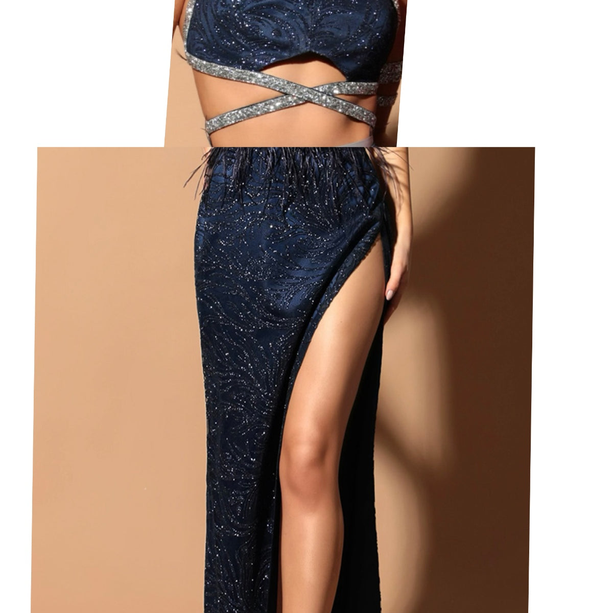 MAXI SET TOP CU FUSTA QUINCY DANTELA GLITTER SATIN CRISTALE ALBASTRU INCHIS