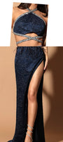 MAXI SET TOP CU FUSTA QUINCY DANTELA GLITTER SATIN CRISTALE ALBASTRU INCHIS