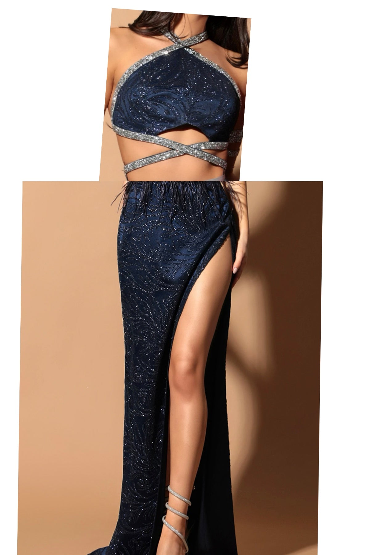 MAXI SET TOP CU FUSTA QUINCY DANTELA GLITTER SATIN CRISTALE ALBASTRU INCHIS