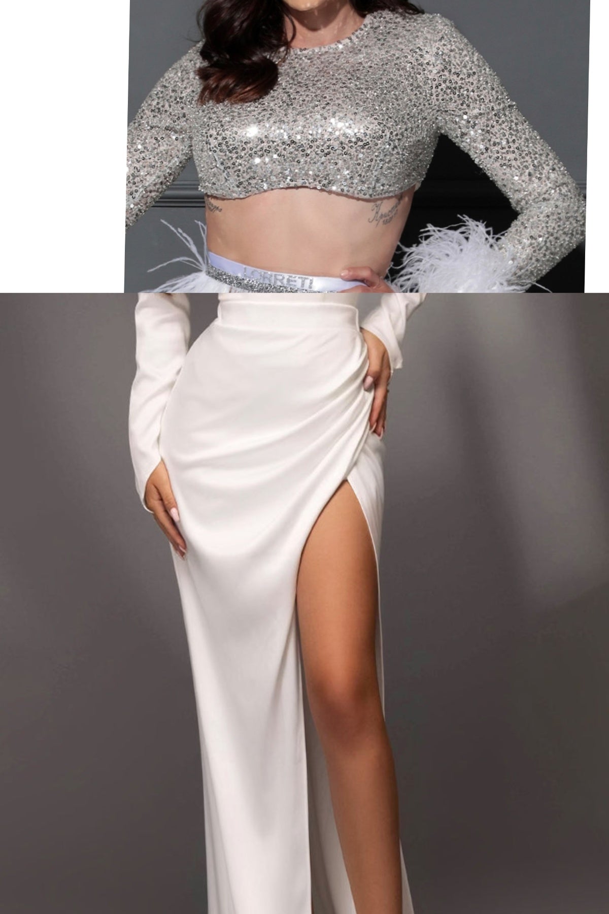 MAXI SET TOP CON GONNA E SCIARPA STELLA PAILLETTES PIUME BIANCA