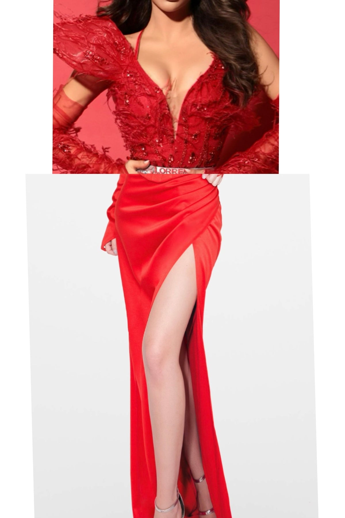 MAXI SET TOP CU FUSTA ANITA DANTELA PENE SATIN ROSU