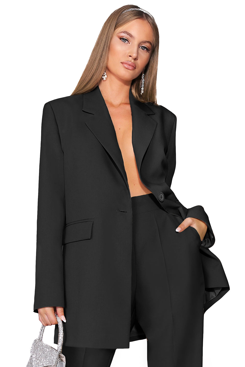 MAXI BLAZER 2 PARTS AND PANTS SET BOSSY BI-STRETCH FABRIC BLACK