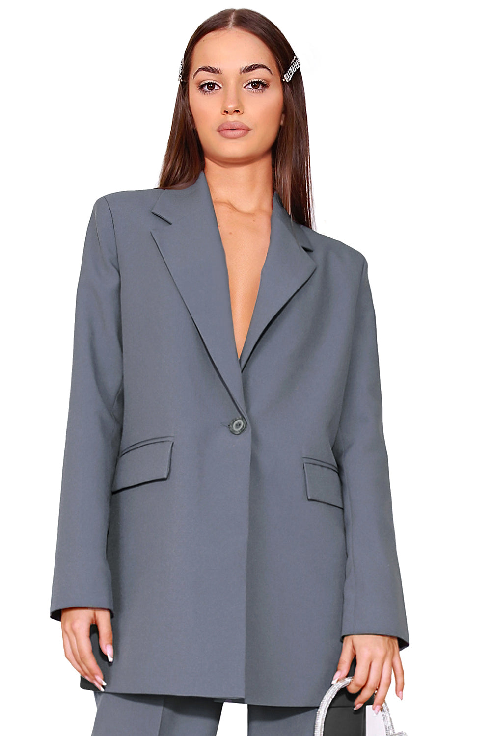 MAXI BLAZER AND PANTS SET 2 PARTS BOSSY BI-STRETCH FABRIC DARK GREY