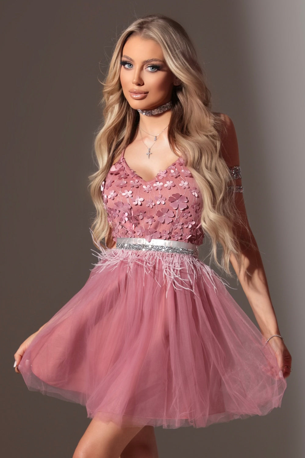 MINI DRESS ARIA LACE TULLE ROSE ASH