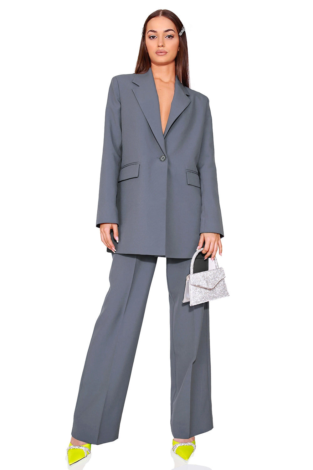 MAXI BLAZER AND PANTS SET 2 PARTS BOSSY BI-STRETCH FABRIC DARK GREY