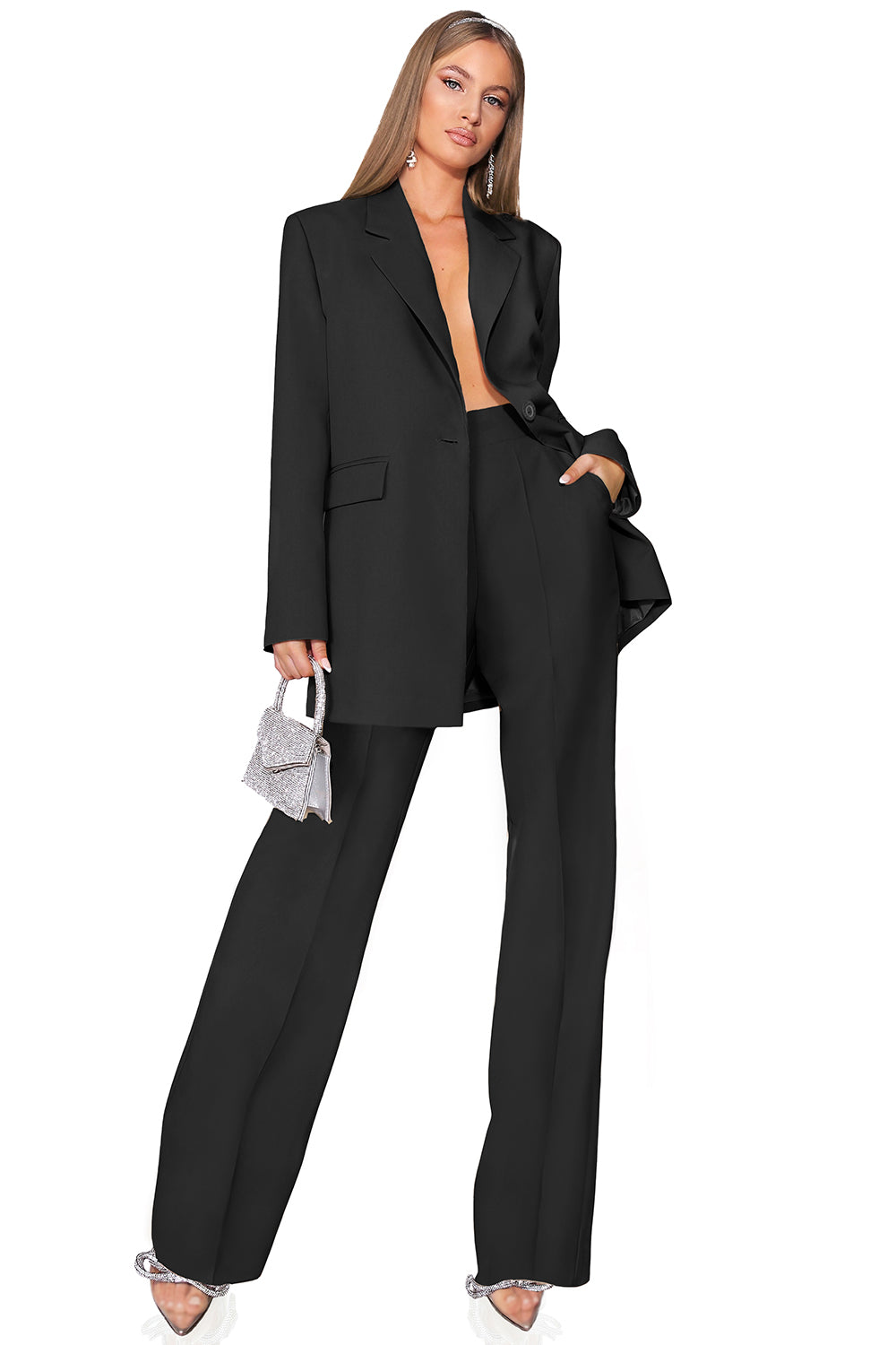 MAXI BLAZER 2 PARTS AND PANTS SET BOSSY BI-STRETCH FABRIC BLACK