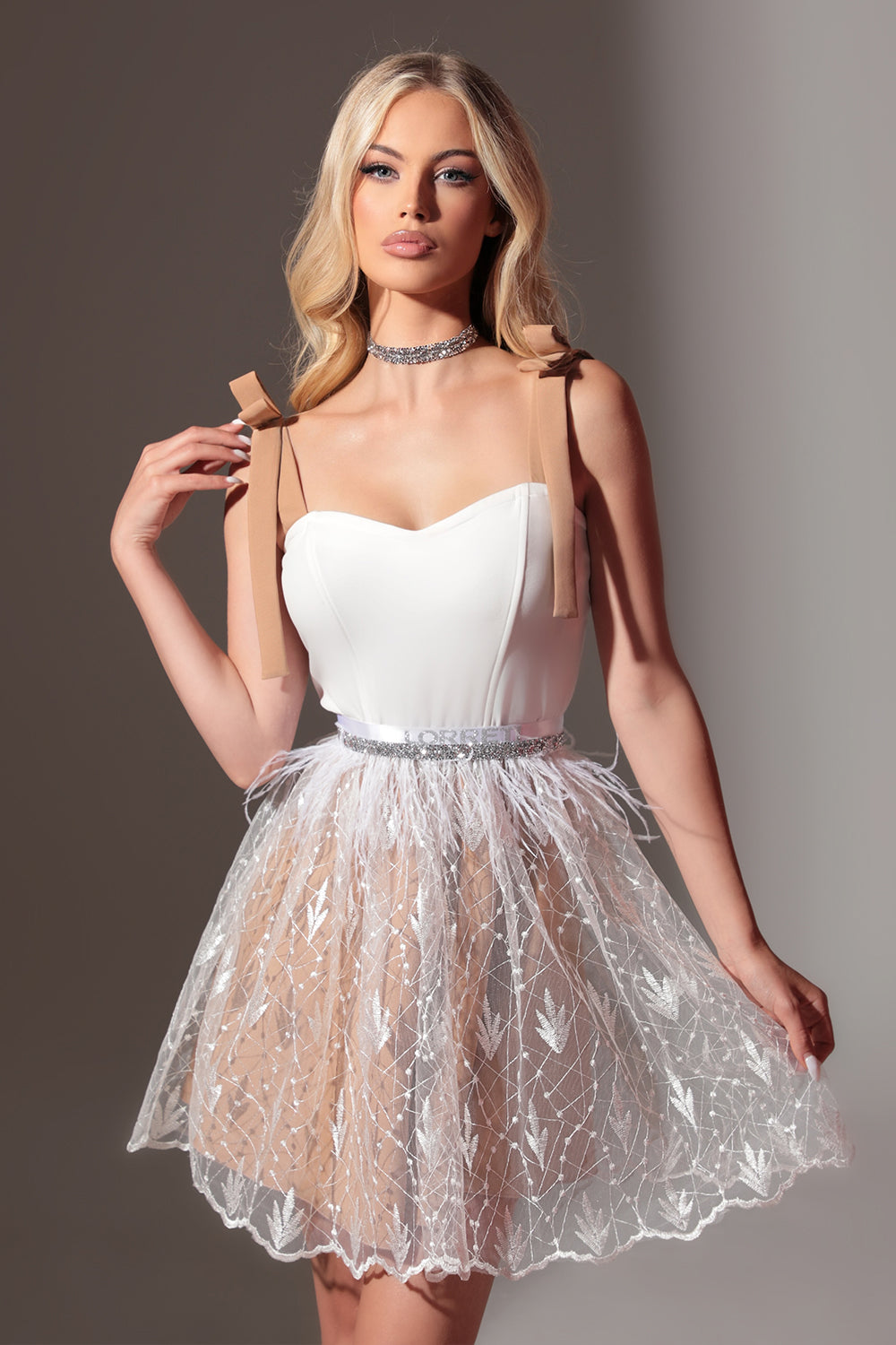 MINI DRESS MARISSA TRICOT LACE WHITE AND NUDE