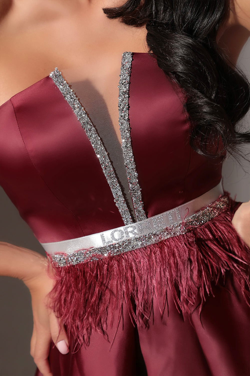 BELT MARABU FEATHERS RHINESTONE BURGUNDY