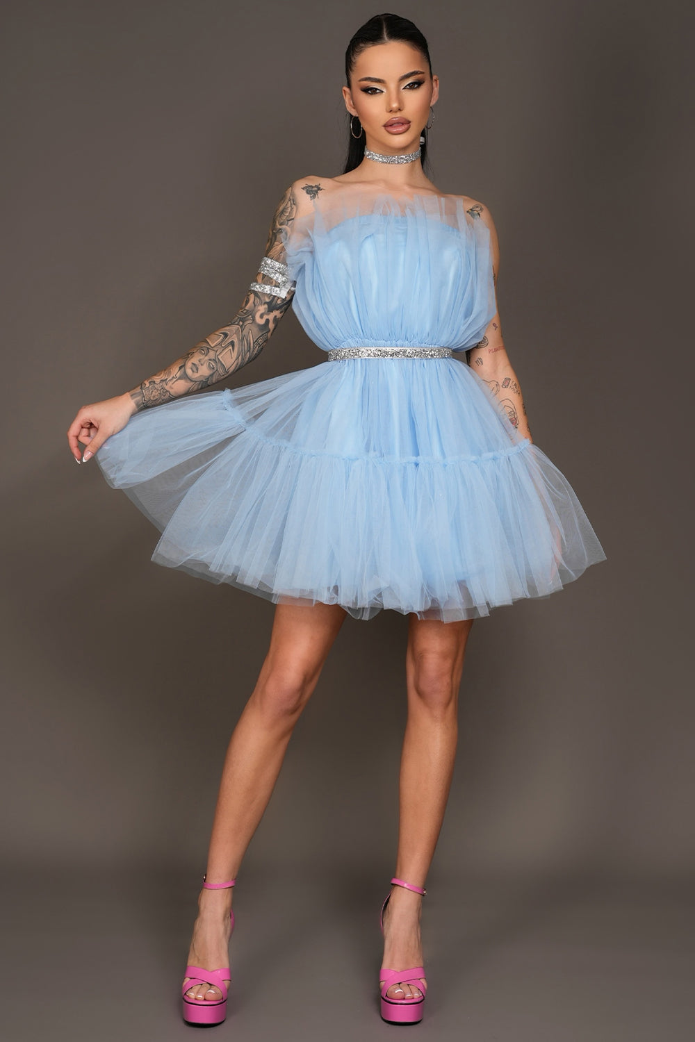 MINI DRESS BARBIE TULLE LIGHT BLUE