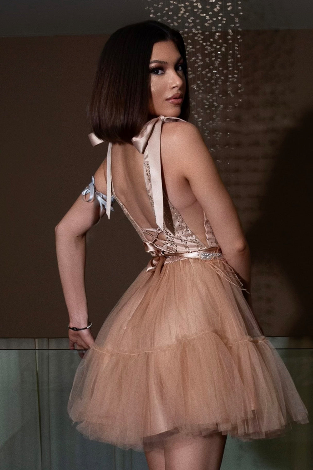 MINI SKIRT AND CROP TOP SET BRITNEY LACE TULLE GOLDEN
