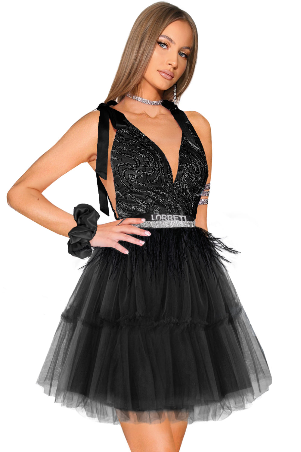MINI SKIRT AND CROP TOP SET BRITNEY GLITTER LACE TULLE BLACK