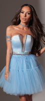 MINI SKIRT AND CROP TOP SET CECILE SATIN TULLE LIGHT BLUE