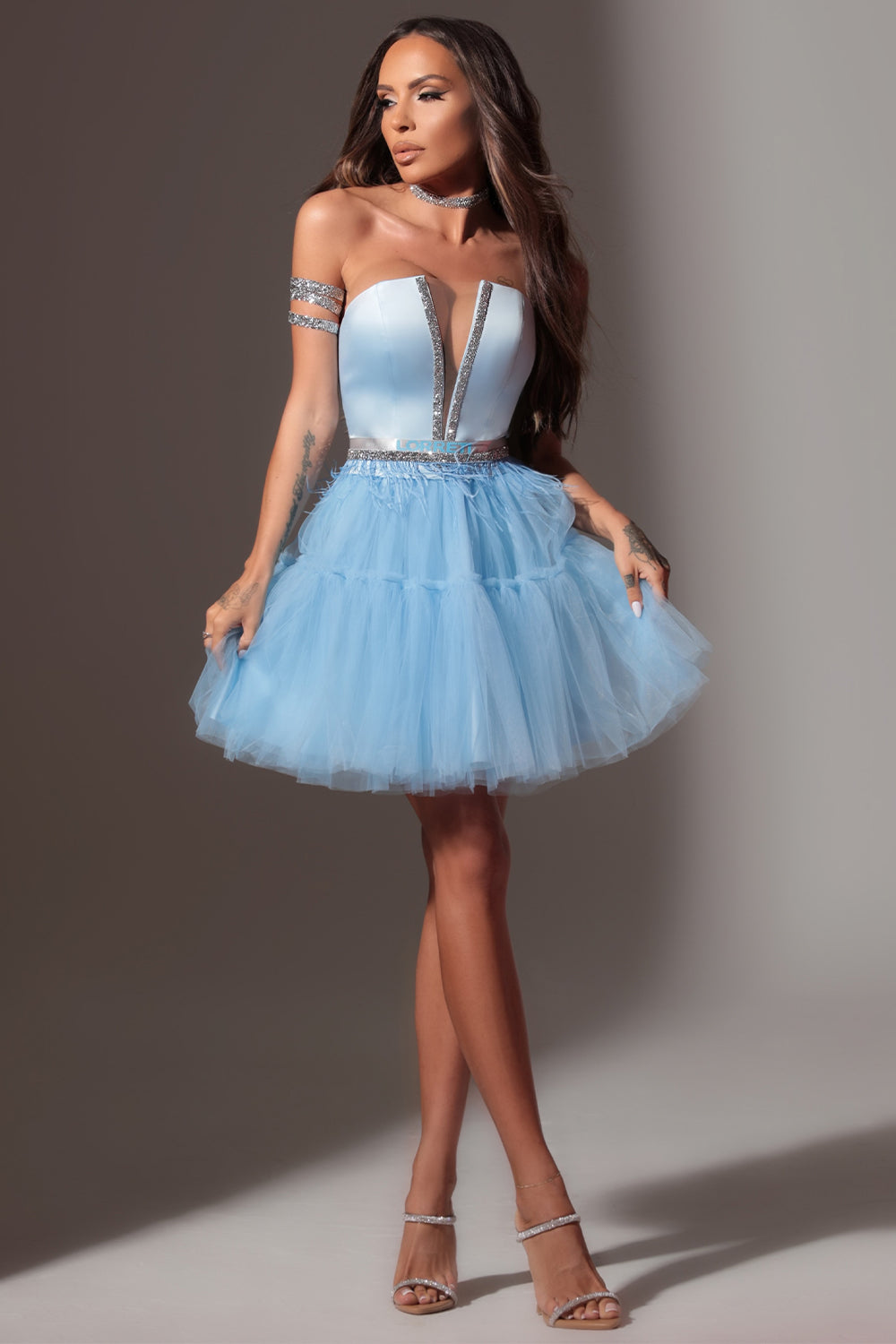 MINI SKIRT AND CROP TOP SET CECILE SATIN TULLE LIGHT BLUE