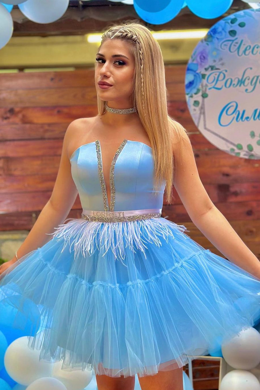 MINI SKIRT AND CROP TOP SET CECILE SATIN TULLE LIGHT BLUE