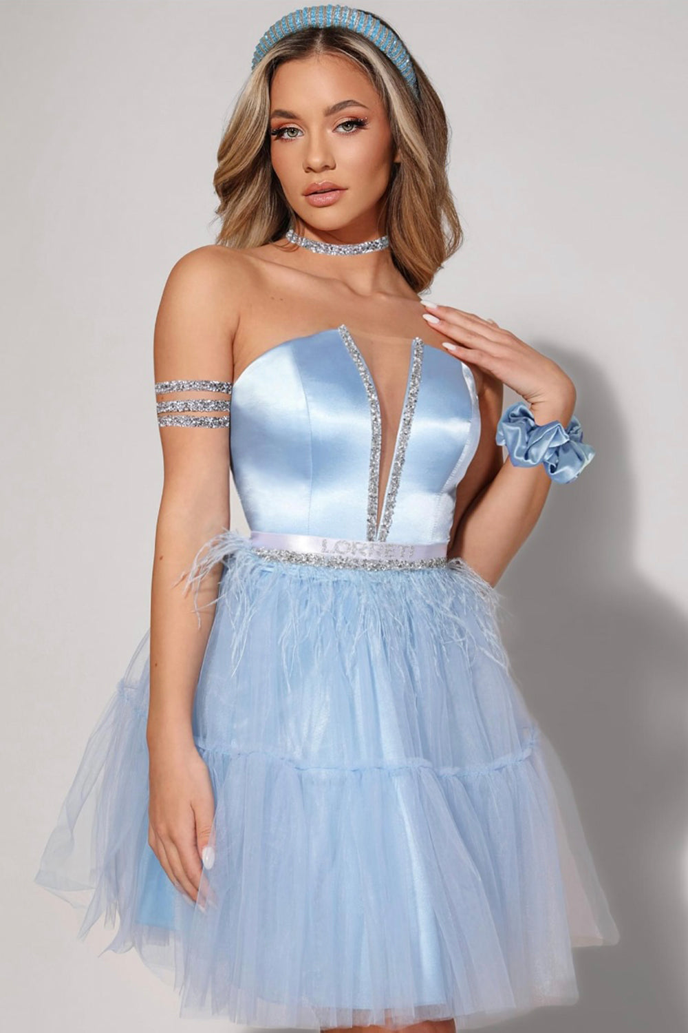 MINI SKIRT AND CROP TOP SET CECILE SATIN TULLE LIGHT BLUE