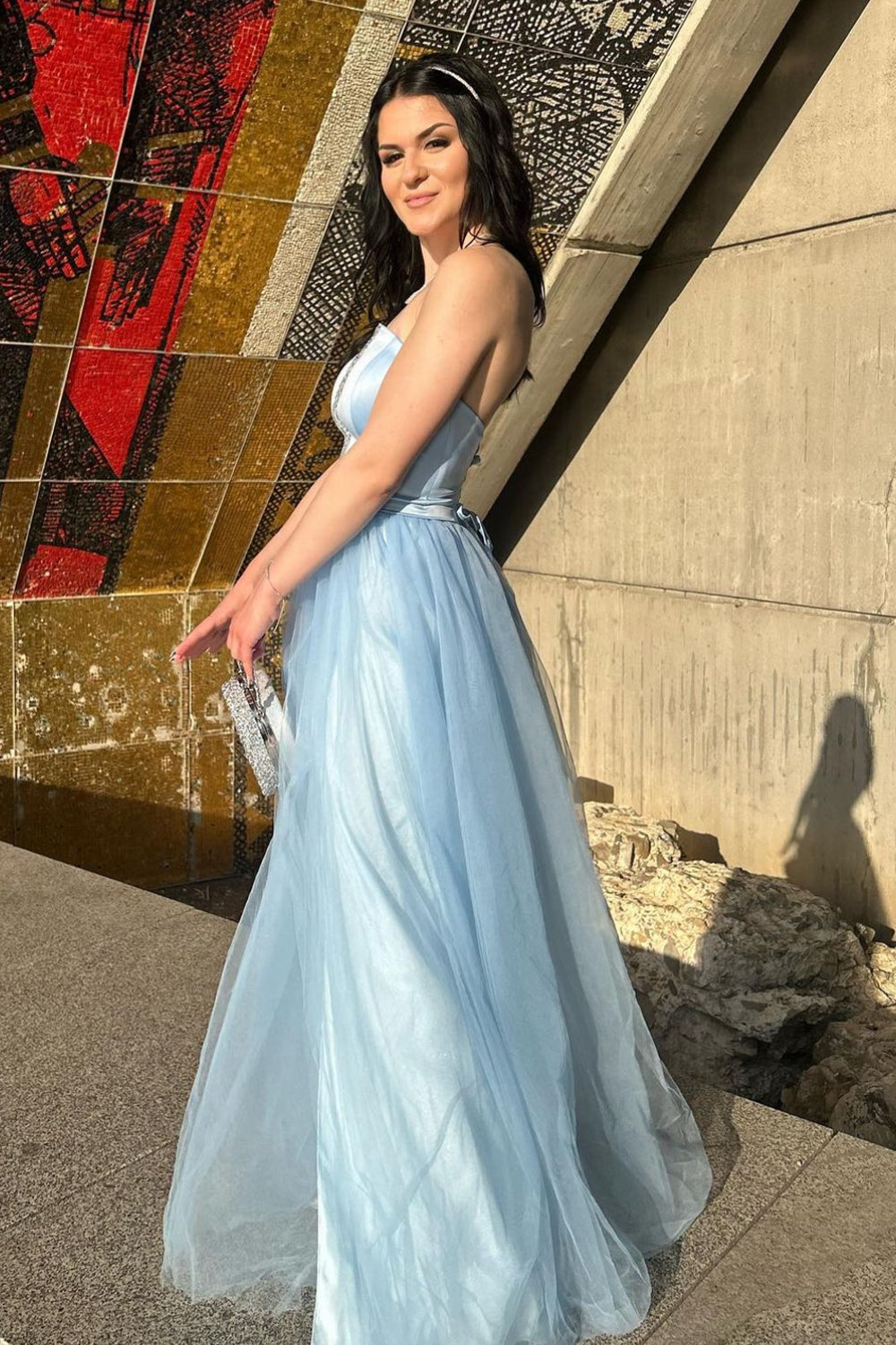 MAXI SKIRT AND CROP TOP SET CASSIE SATIN TULLE LIGHT BLUE