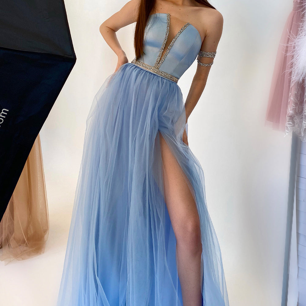 MAXI SKIRT AND CROP TOP SET CASSIE SATIN TULLE LIGHT BLUE