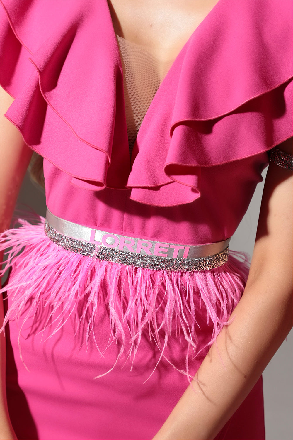 BELT MARABU 14A FEATHERS RHINESTONE HOT PINK