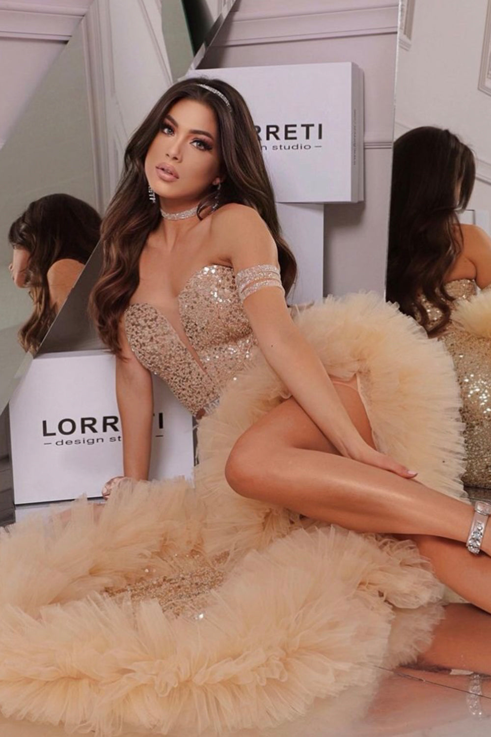 MAXI SKIRT AND CROP TOP SET GLOW SEQUIN TULLE GOLDEN