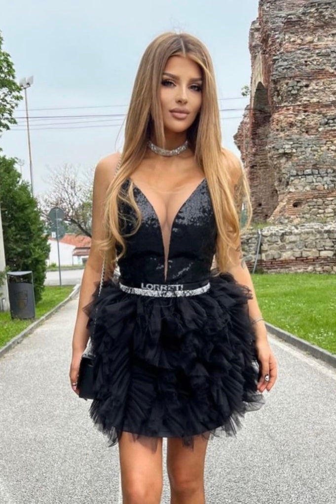 MINI SKIRT AND CROP TOP SET AMORE SEQUIN TULLE BLACK