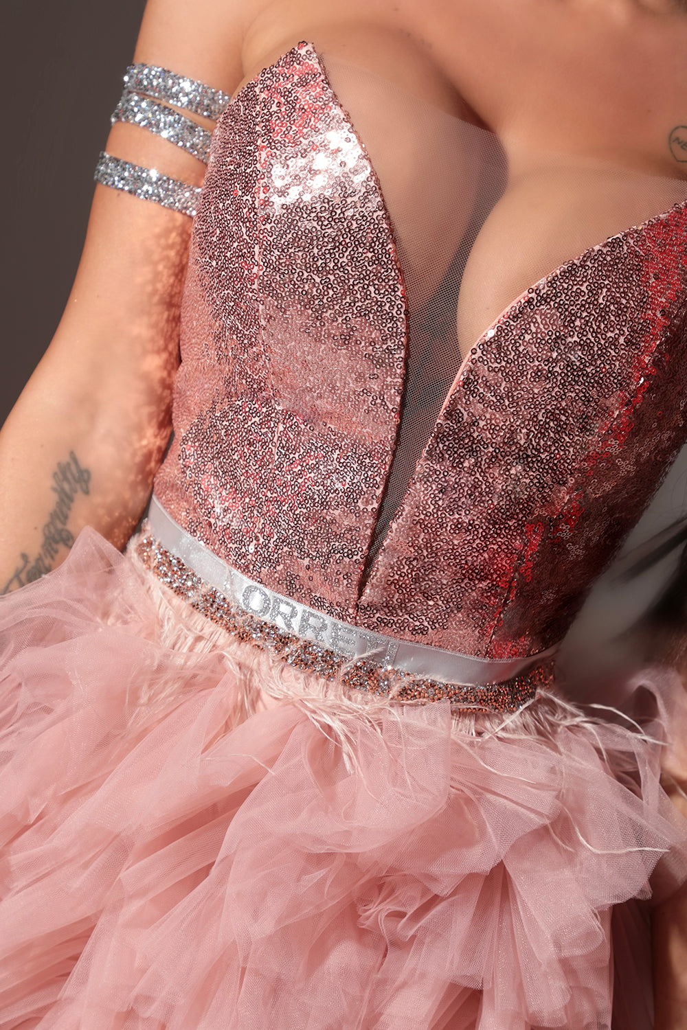 MINI SKIRT AND CROP TOP SET AMORE SEQUIN TULLE ROSE GOLD
