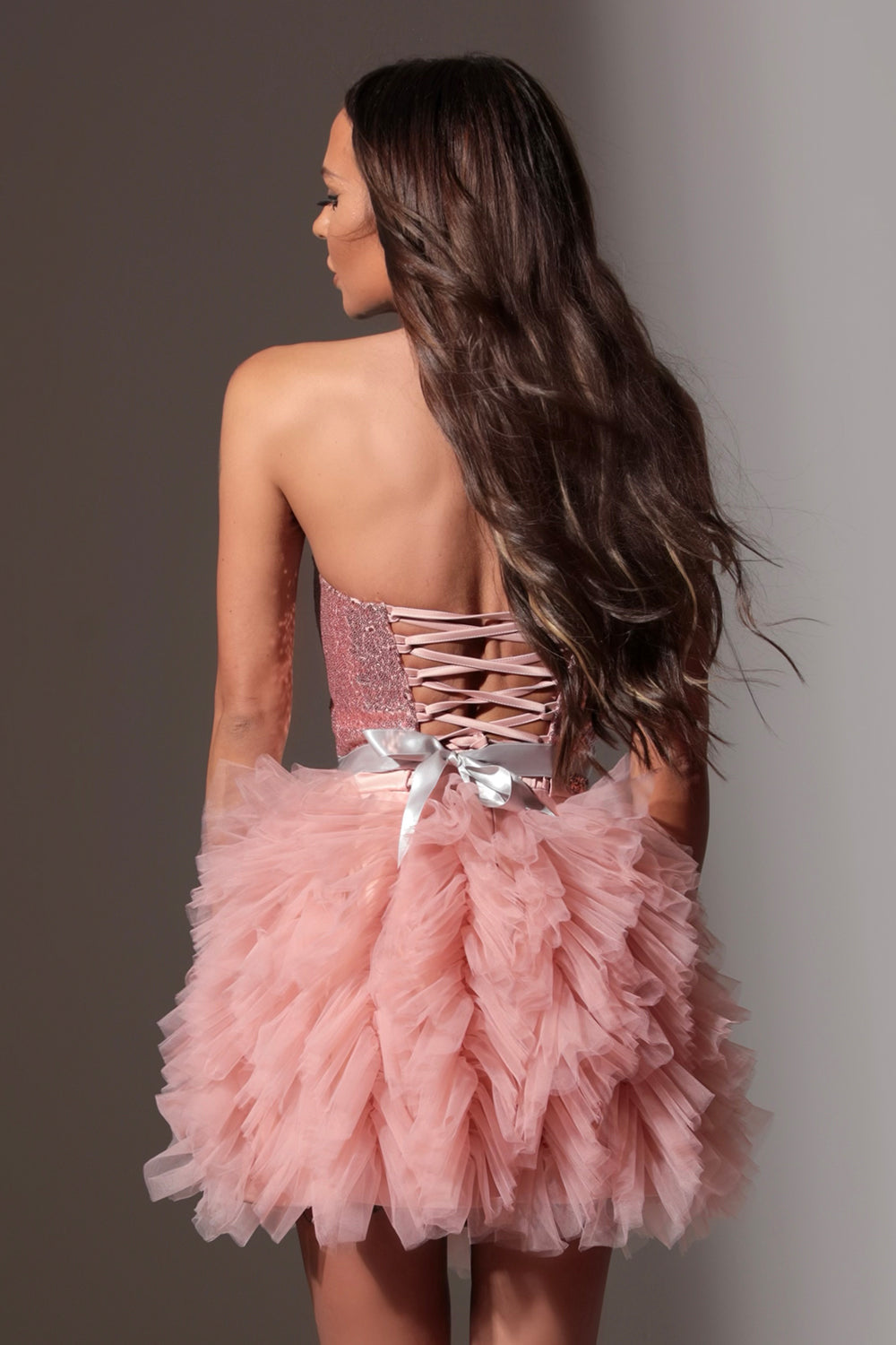 MINI SKIRT AND CROP TOP SET AMORE SEQUIN TULLE ROSE GOLD