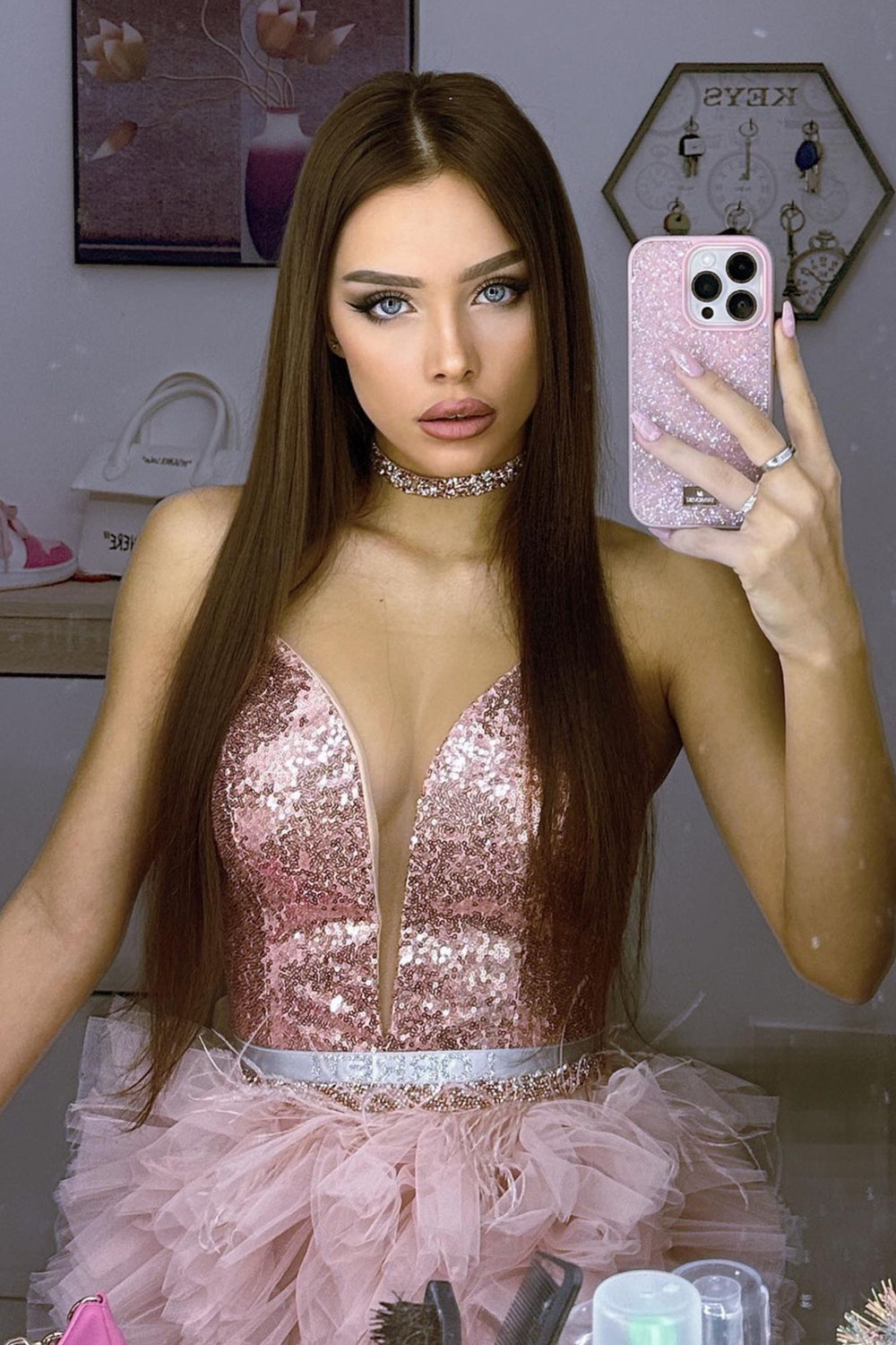 MINI SKIRT AND CROP TOP SET AMORE SEQUIN TULLE ROSE GOLD