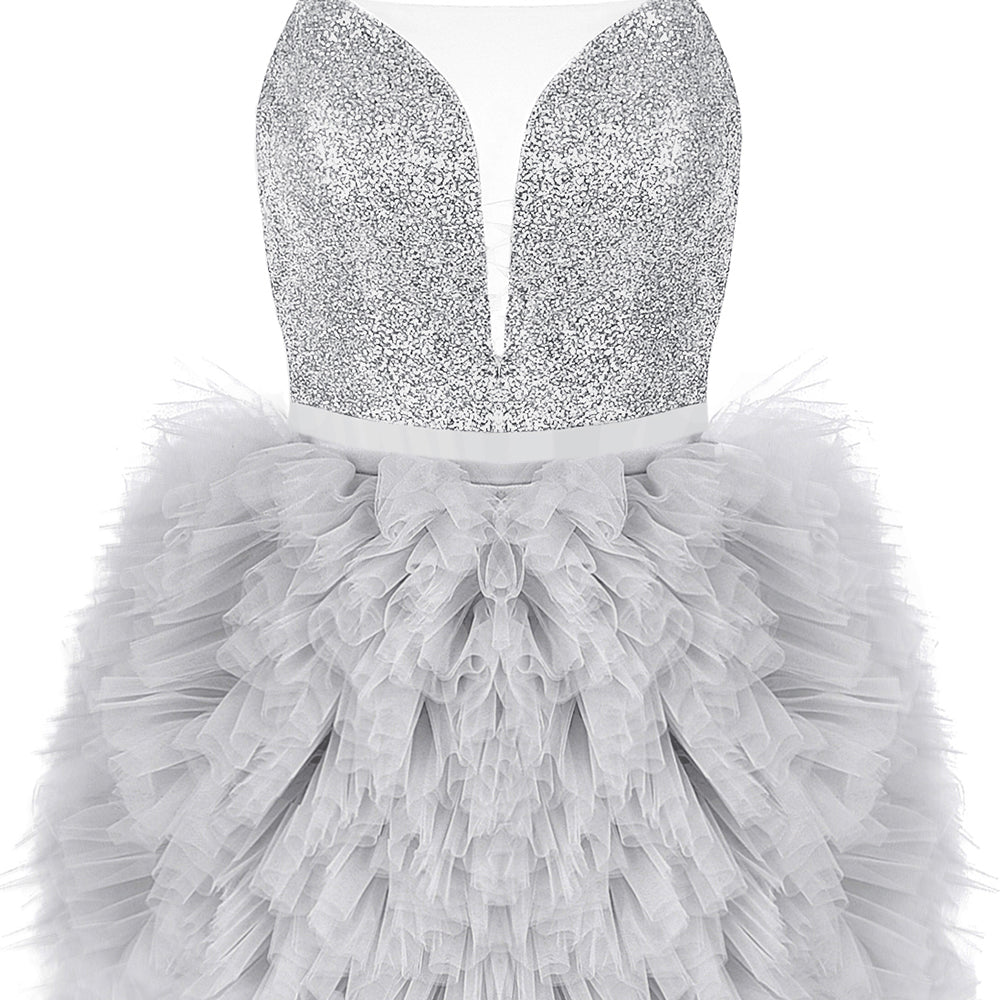 MINI SKIRT AND CROP TOP SET AMORE SEQUIN TULLE SILVER