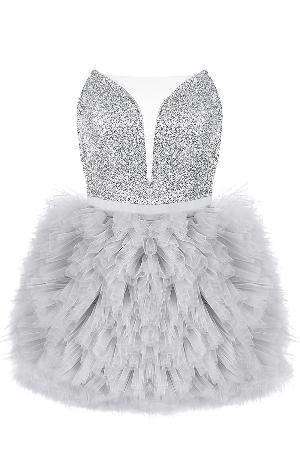 MINI SKIRT AND CROP TOP SET AMORE SEQUIN TULLE SILVER