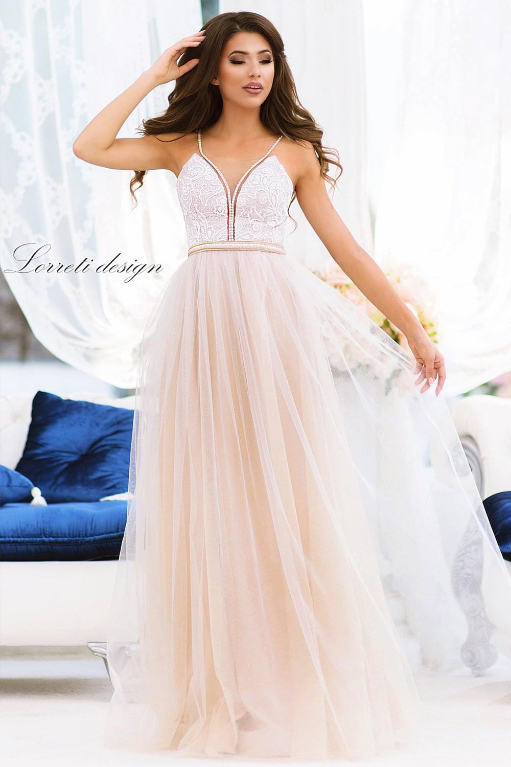 MAXI SKIRT AND CROP TOP SET CANDICE LACE GLITTER TULLE BEIGE / NUDE