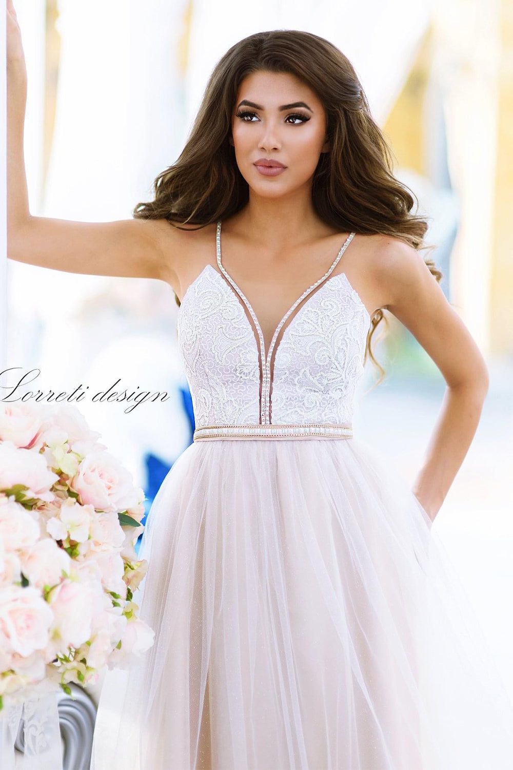 MAXI SKIRT AND CROP TOP SET CANDICE LACE GLITTER TULLE BEIGE / NUDE