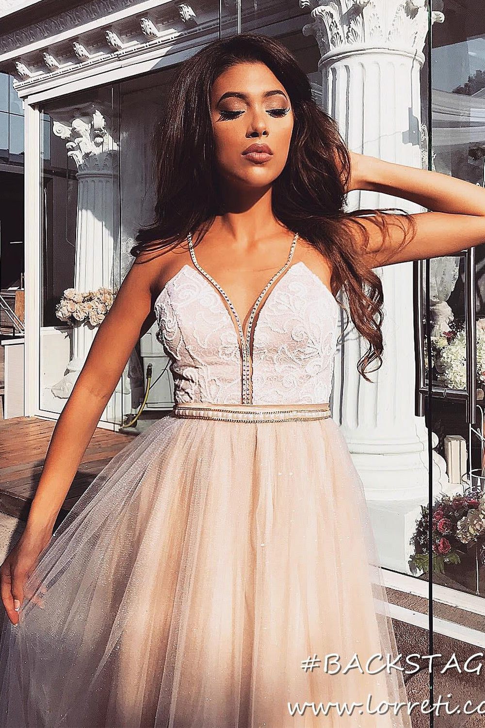 MAXI SKIRT AND CROP TOP SET CANDICE LACE GLITTER TULLE BEIGE / NUDE