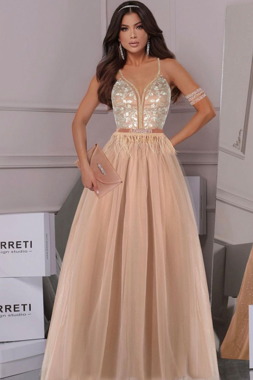 MAXI SKIRT AND CROP TOP SET CANDICE LACE GLITTER TULLE BEIGE / NUDE