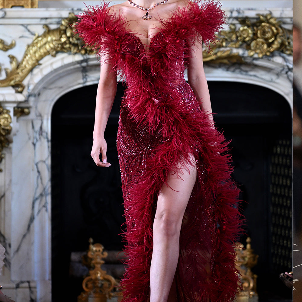 MAXI DRESS BOA LACE  FEATHERS BURGUNDY