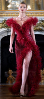 MAXI DRESS BOA LACE  FEATHERS BURGUNDY