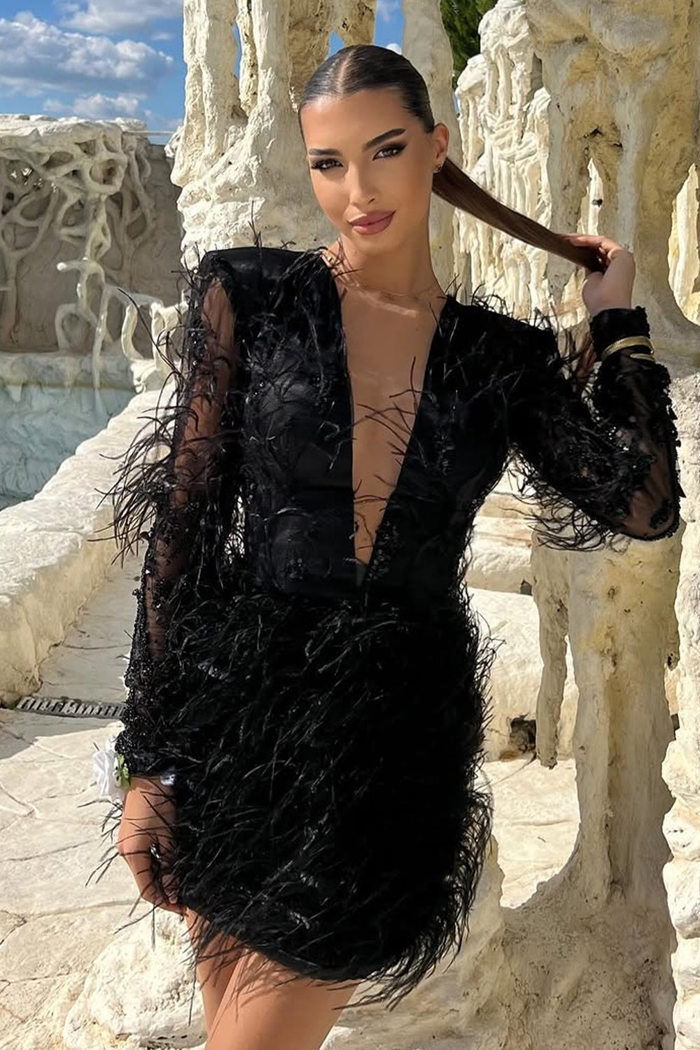 MINI CONJUNTO TOP CON FALDA CARLOTTA PLUMAS SATÍN BROCADO DE TUL ЕNCAJE NEGRO
