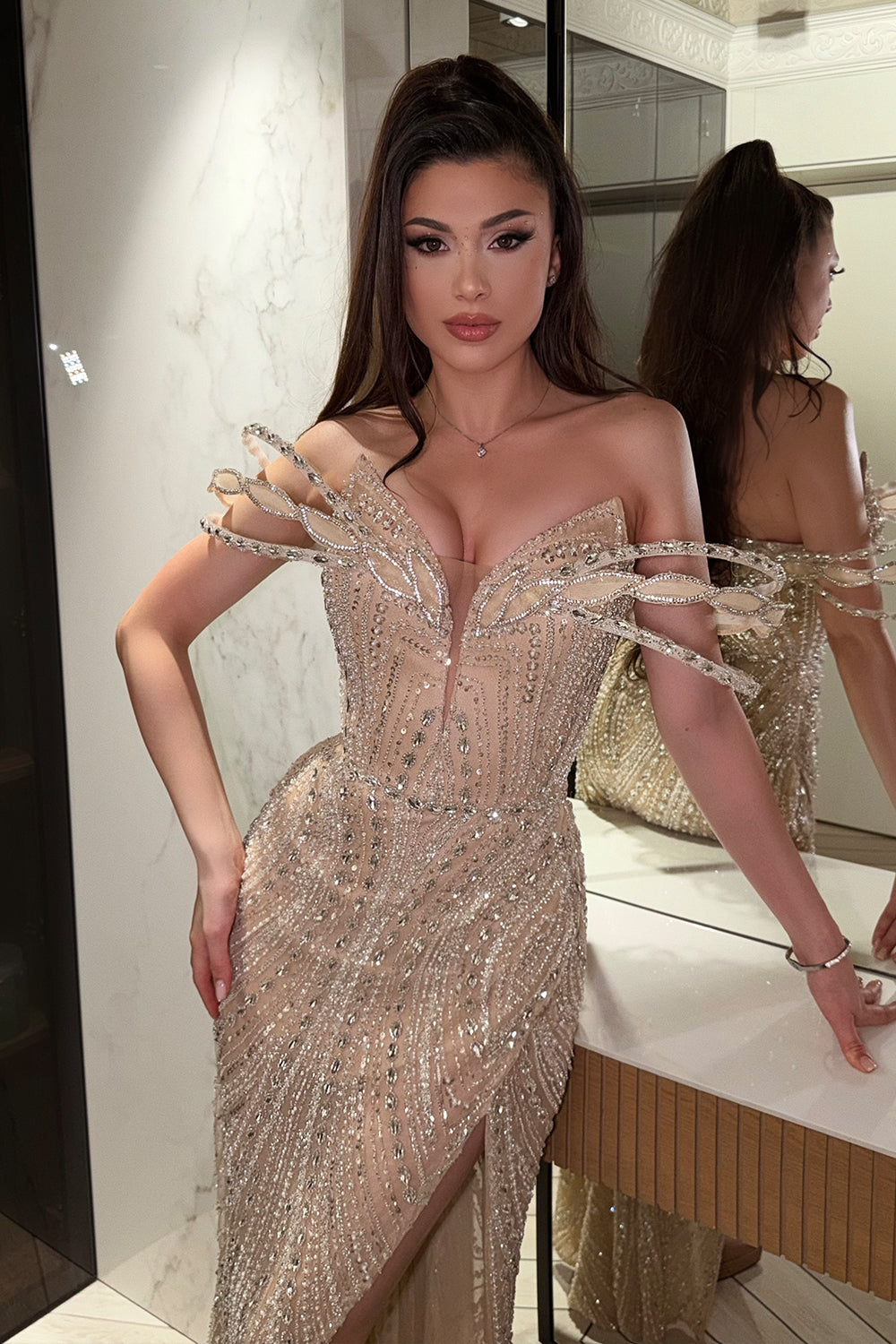 МAXI VESTITO ROME STRASS BROCCATO DI TULLE CHAMPAGNE