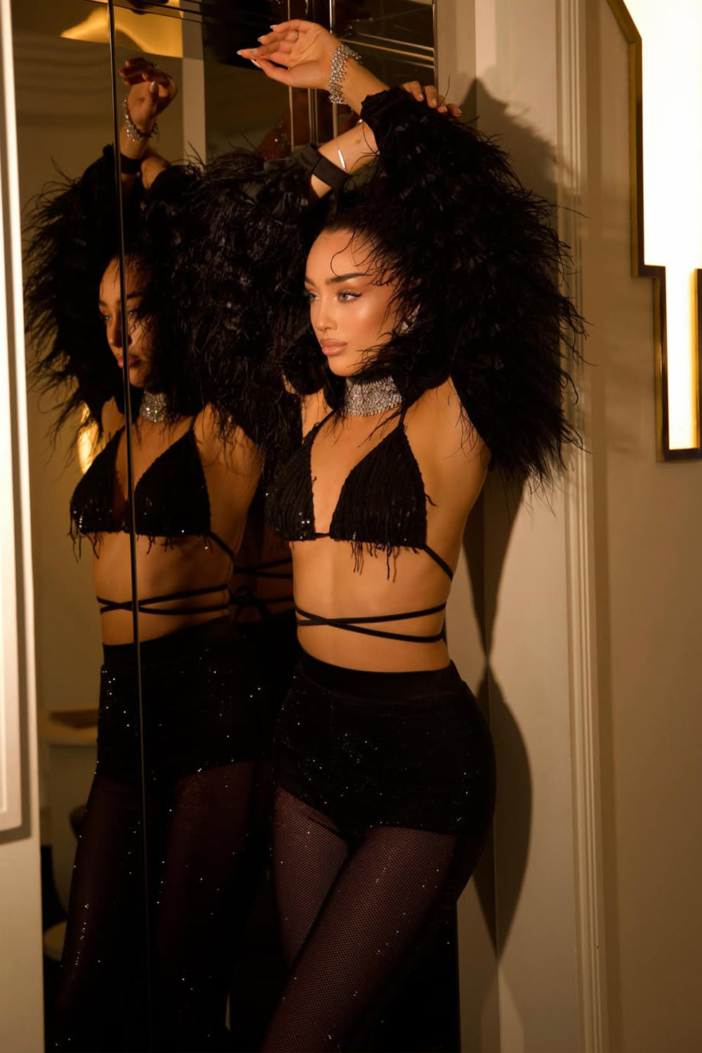 MAXI CROP TOP AND PANTS SET COLLEEN SEQUIN FEATHERS LACE BLACK