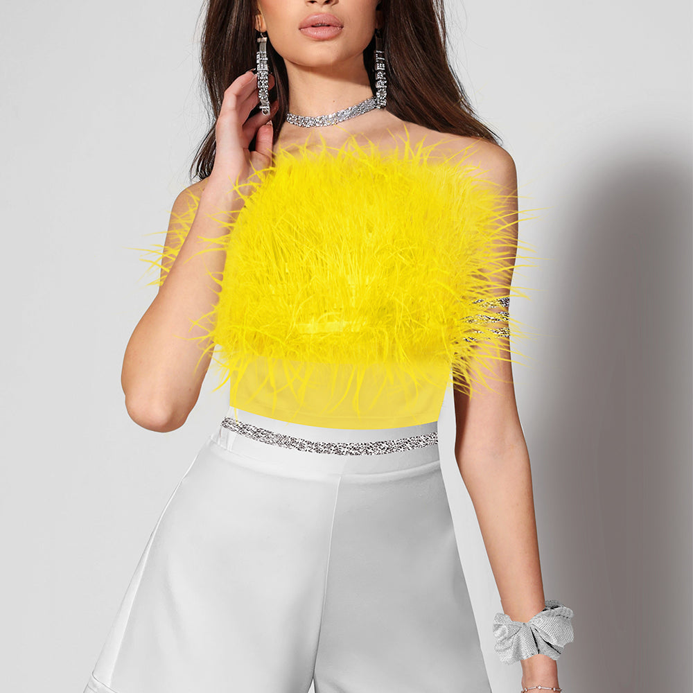 MINI CROP TOP FEATHERS SATIN YELLOW