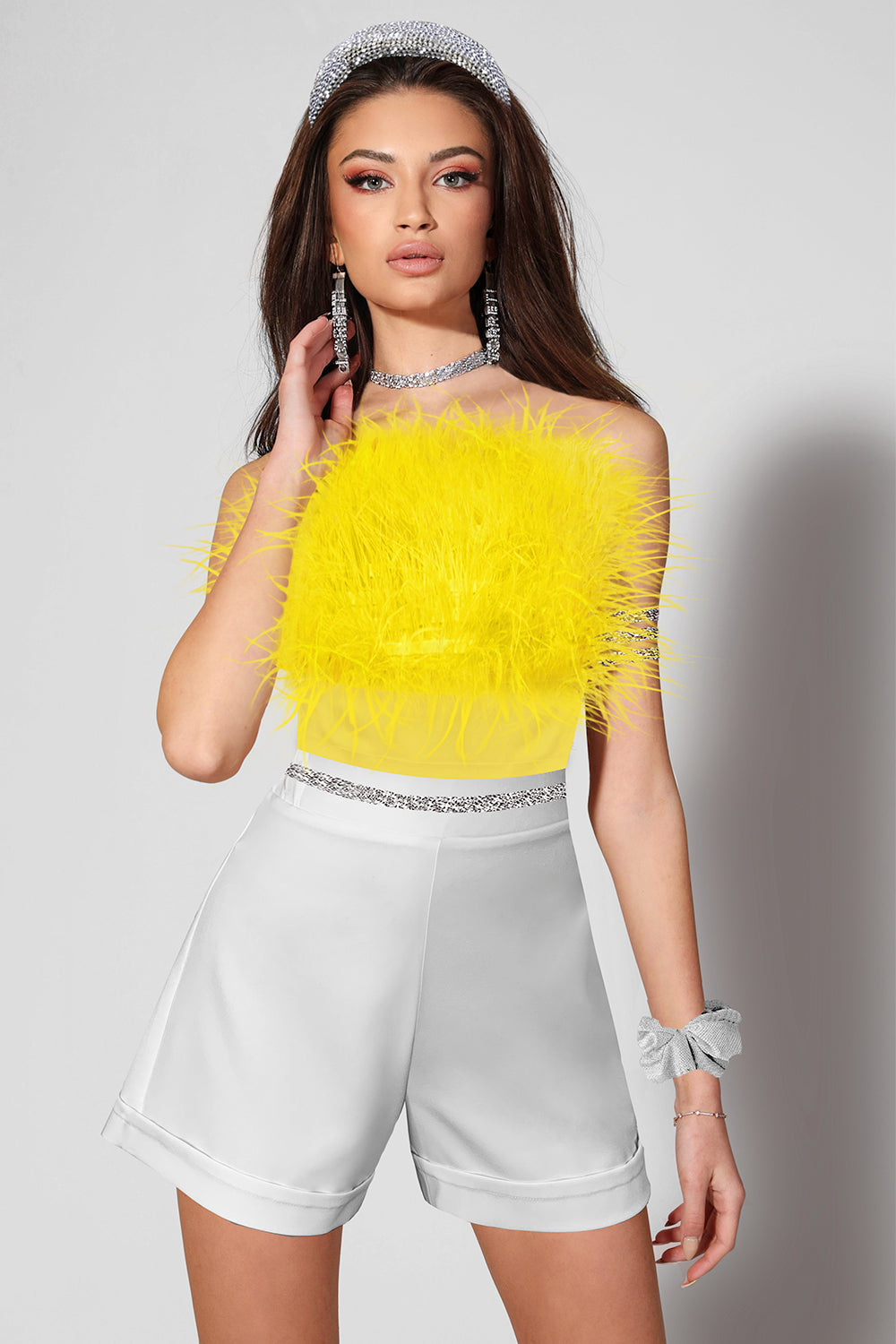 MINI CROP TOP FEATHERS SATIN YELLOW
