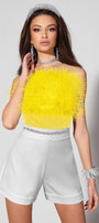 MINI CROP TOP FEATHERS SATIN YELLOW