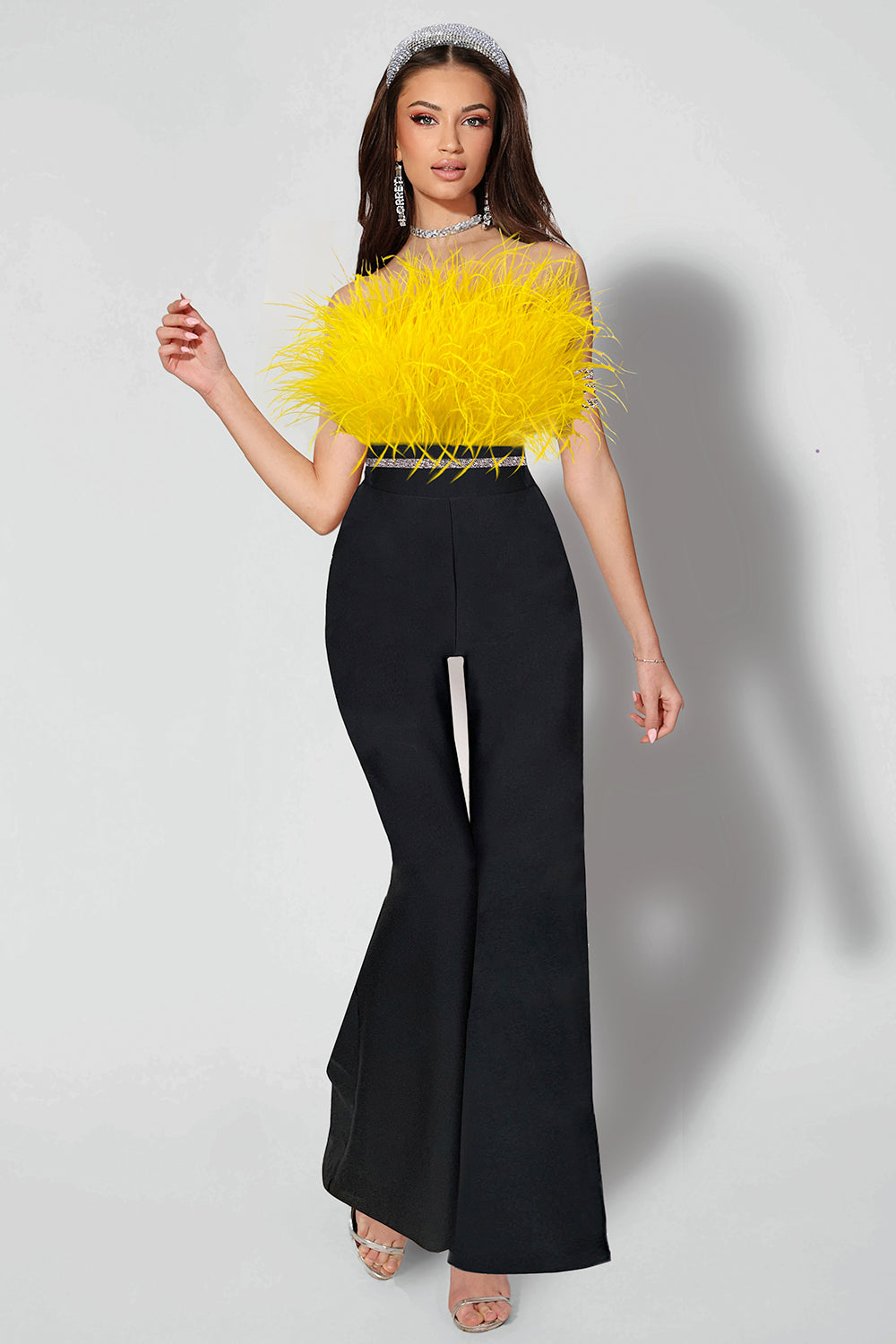 MINI CROP TOP FEATHERS SATIN YELLOW